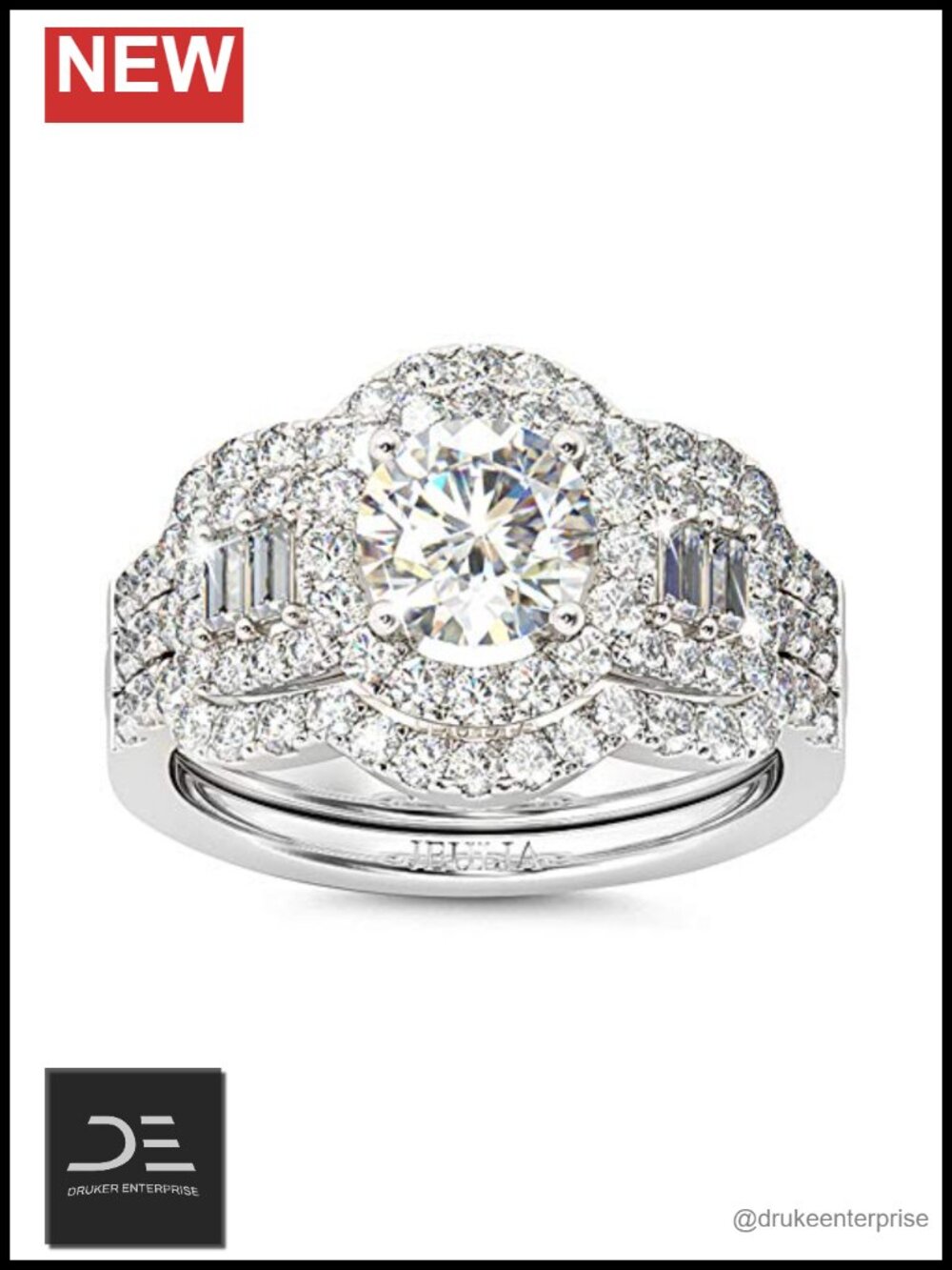 2 Carat Halo Engagement Ring Set Sterling Silver Round Cut Cubic Zirconia